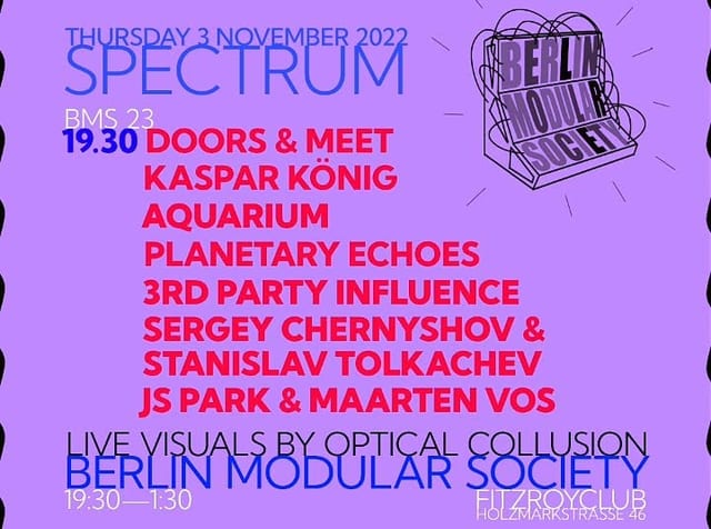 BMS23 flyer, listing Kaspar König (performance art), Aquarium (A/V show), Planetary Echoes, 3rd Party Influence