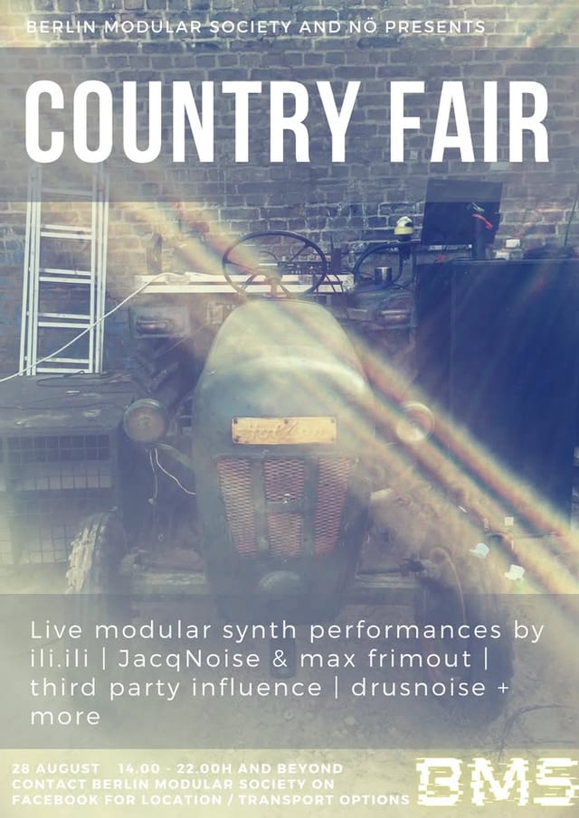 Country Fair poster: a vintage tractor in a brick yard, with live modular synth performances by ili.ili, JacqNoise & max frimout, third party influence and drusnoise