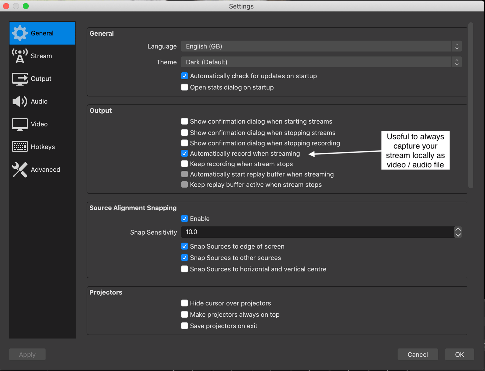 OBS general settings