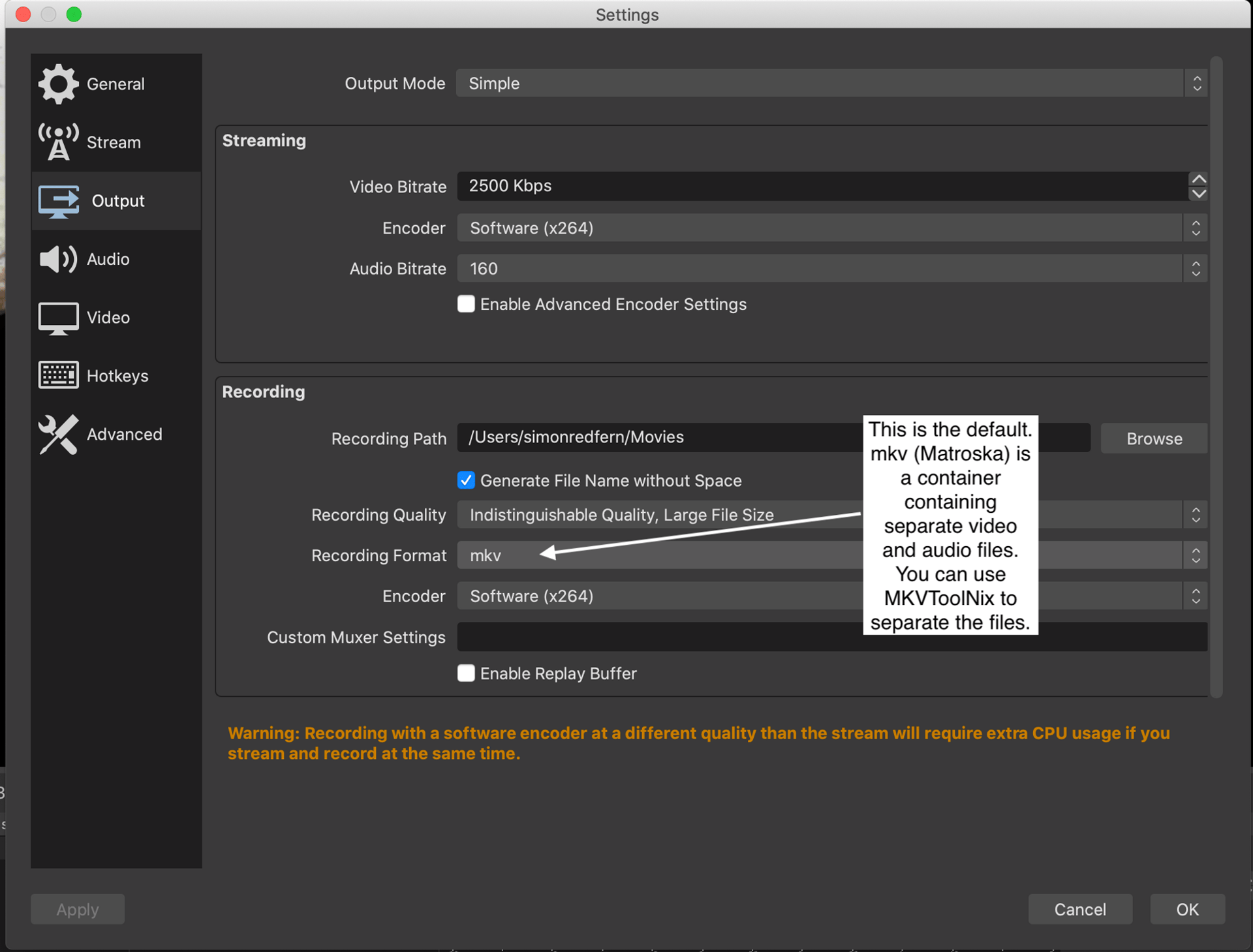OBS record settings